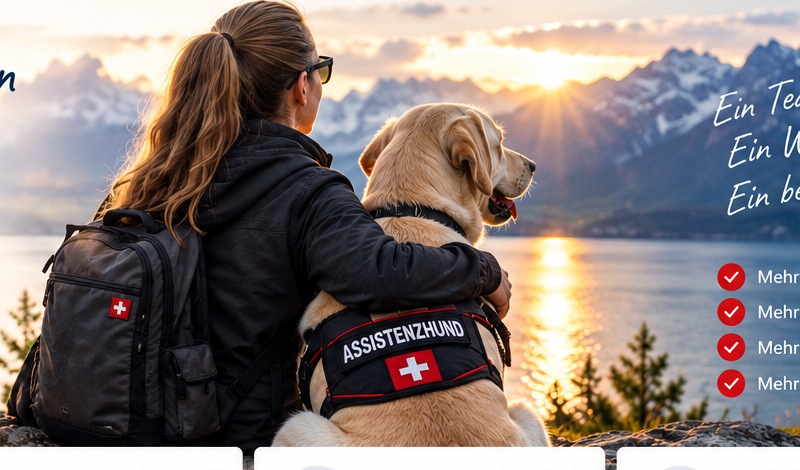 Frau mit Labrador-Assistenzhund vor Schweizer Berglandschaft